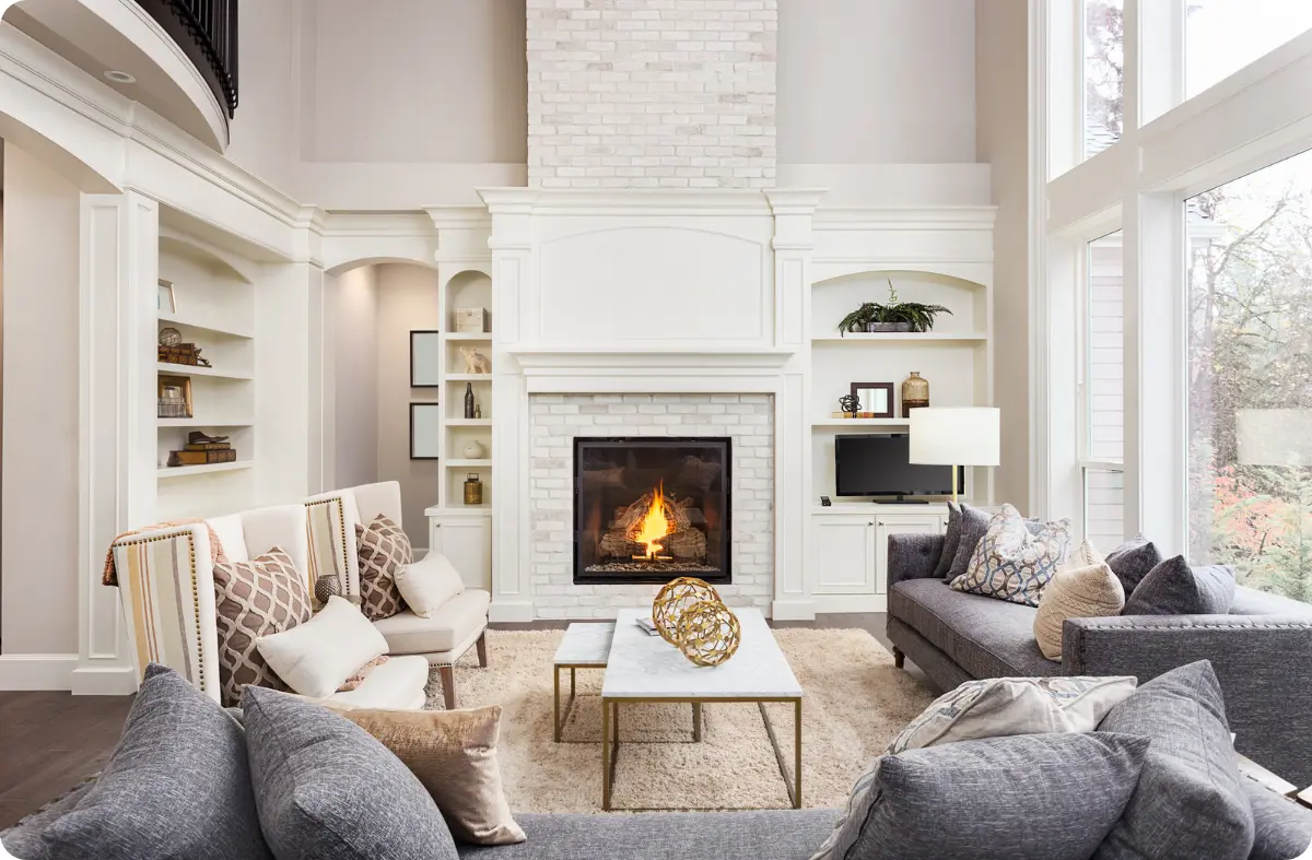 Full home remodeling project with custom built-in shelving and fireplace in Keller, TX